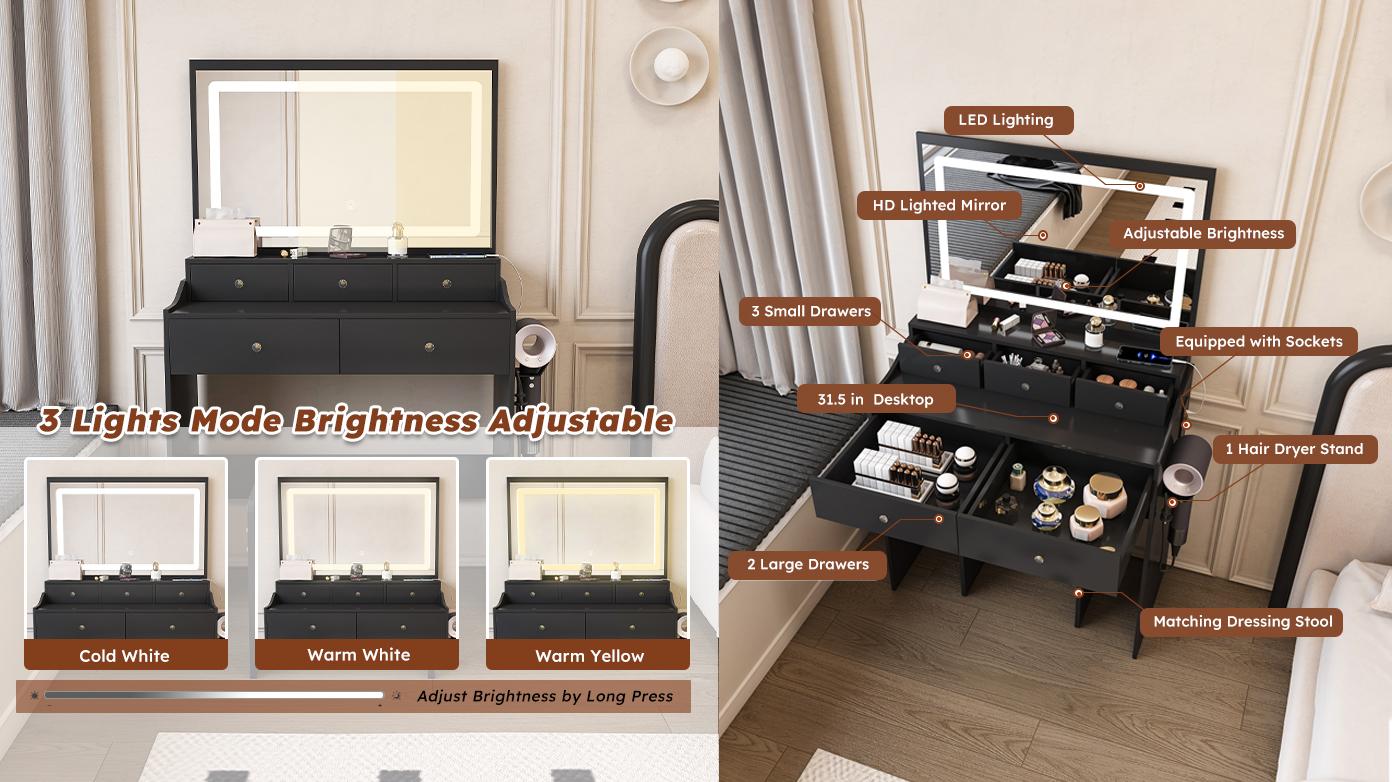Bellemave Modern Makeup Vanity Set with 3 Lighting Modes 5 Drawers Hair Dryer Holder for Bedroom Black Color Frames Design Extra Large Mirror Solid Construction