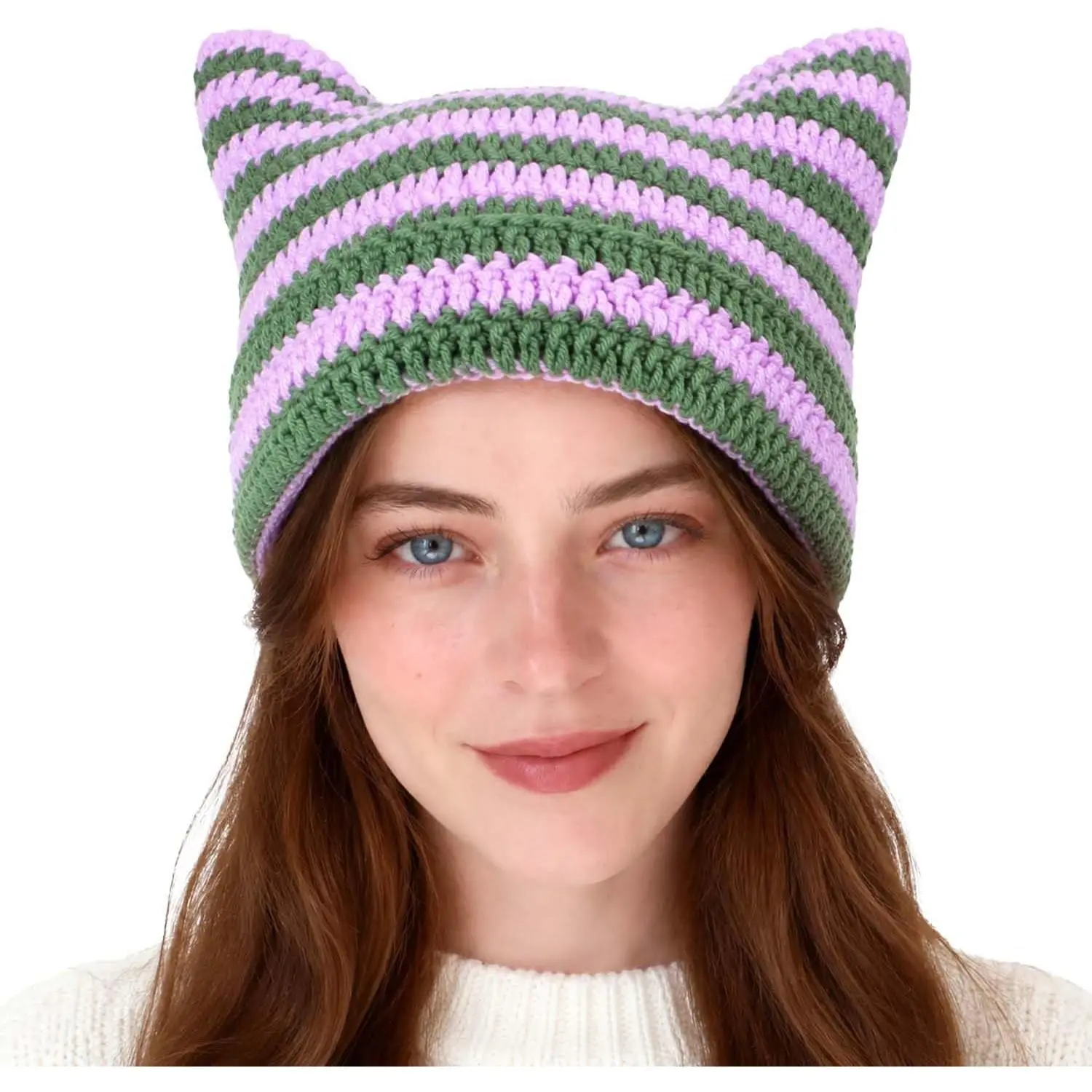 Crochet Hats for Women Cute Cat Ear Knitted Hat Soft Knit Hat Vintage Cuffed Slouchy Beanie for Women