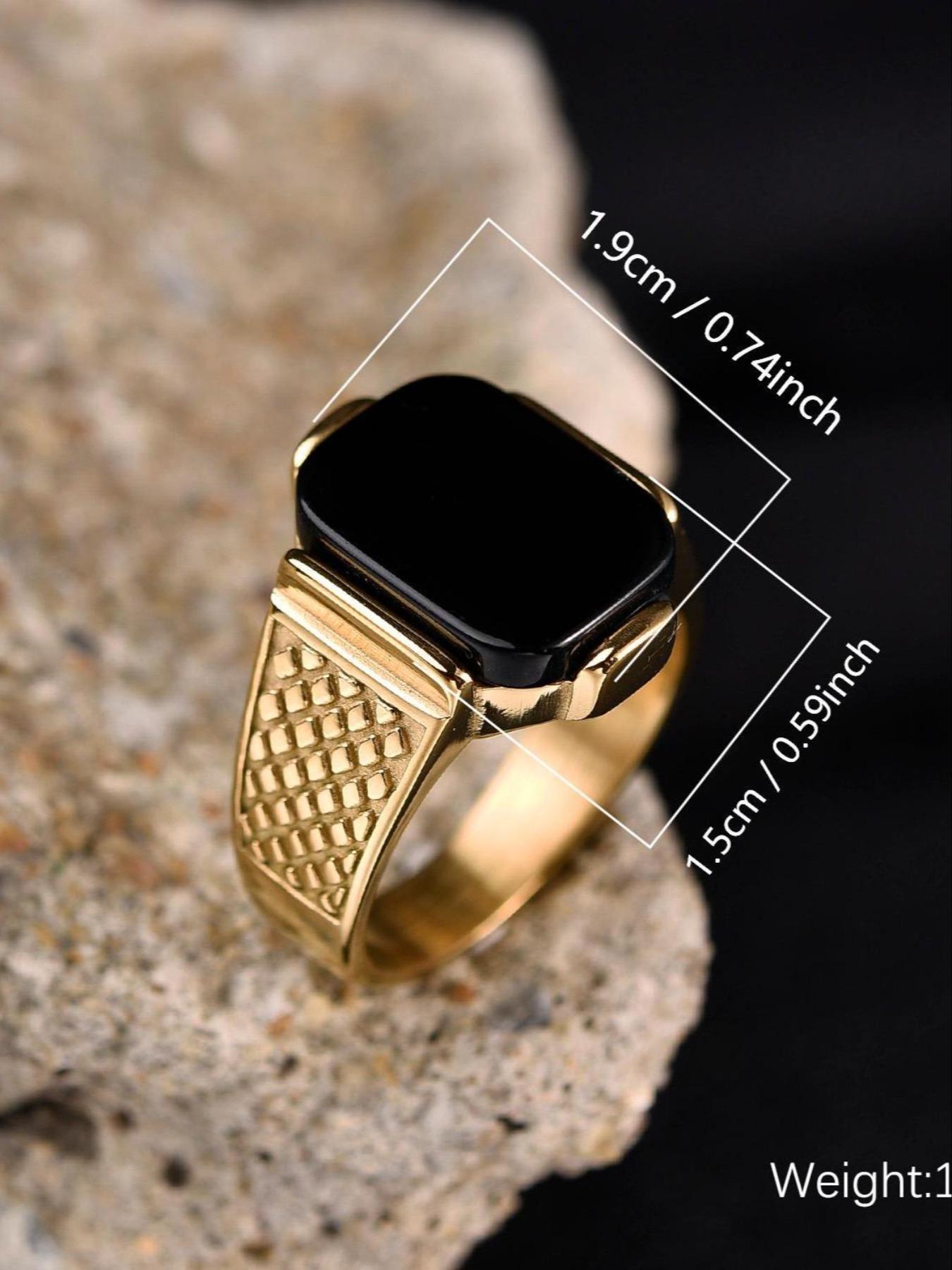 Business Style Men's Blue Ring, 316L Stainless Steel, 18K Gold Plated, Inlaid with Rectangle Agate