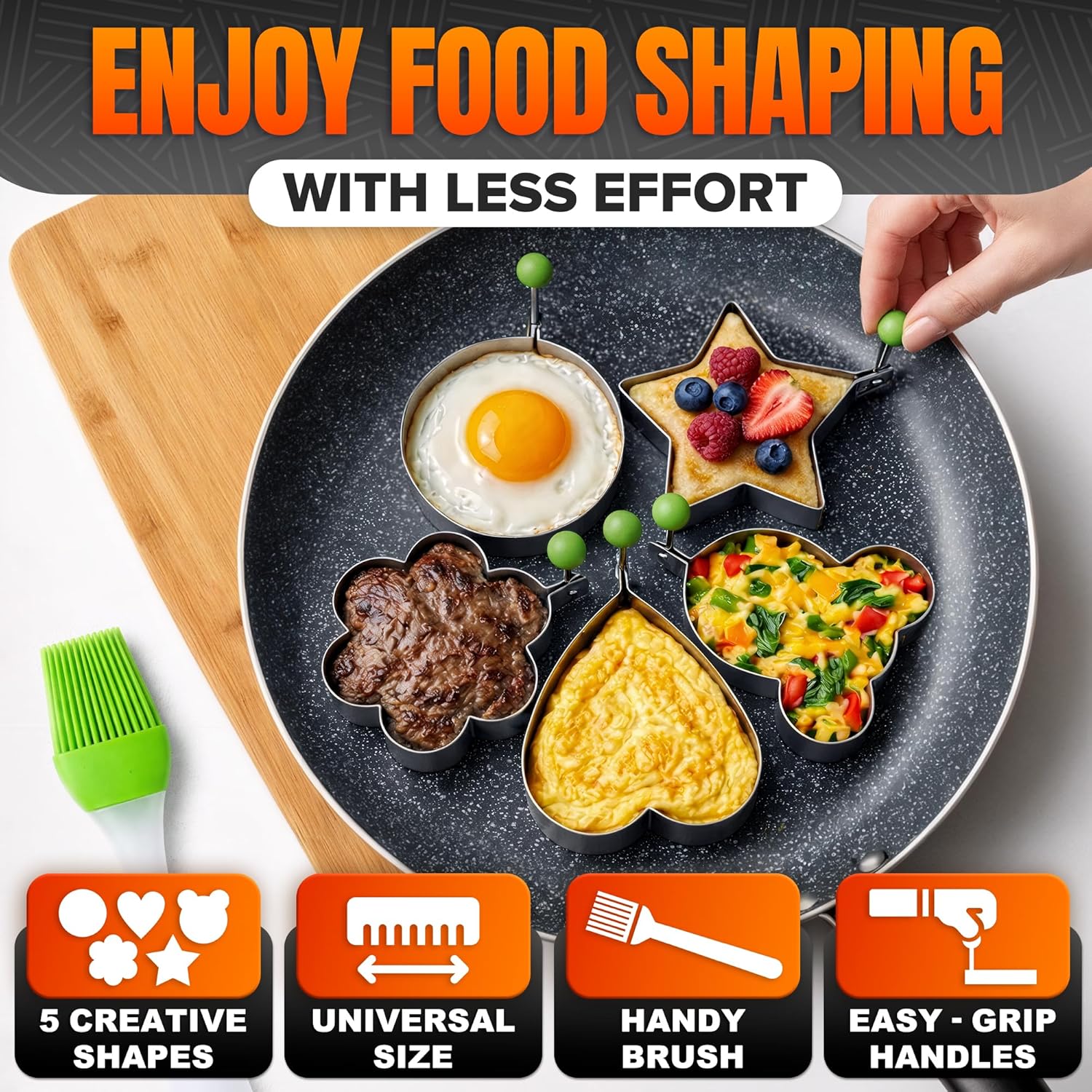 5-Piece Egg Molds,Egg and Pancake Mold Set, Egg Ring Mold, Suitable for Cooking and Frying Pancakes, Bread, and Chocolate. Fun Designs, Comfortable Handles, and Non-Slip Design.