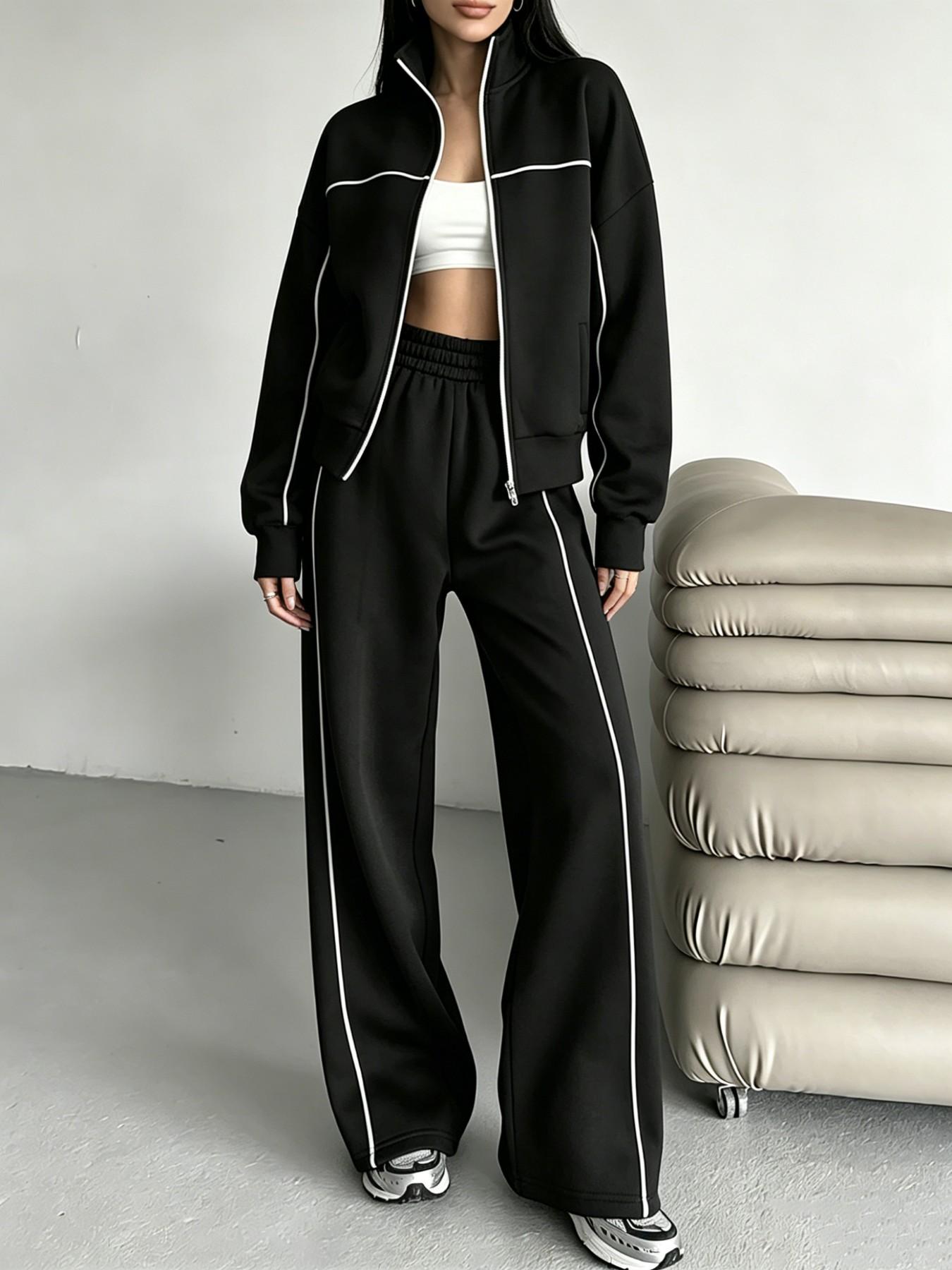 Women's Two-Piece Set, Fall Winter, Long Sleeve Zipper Stand Collar Sweatshirt, Mid-Waist Pants, Casual Office Wear, Multiple Colors Available, Clothes