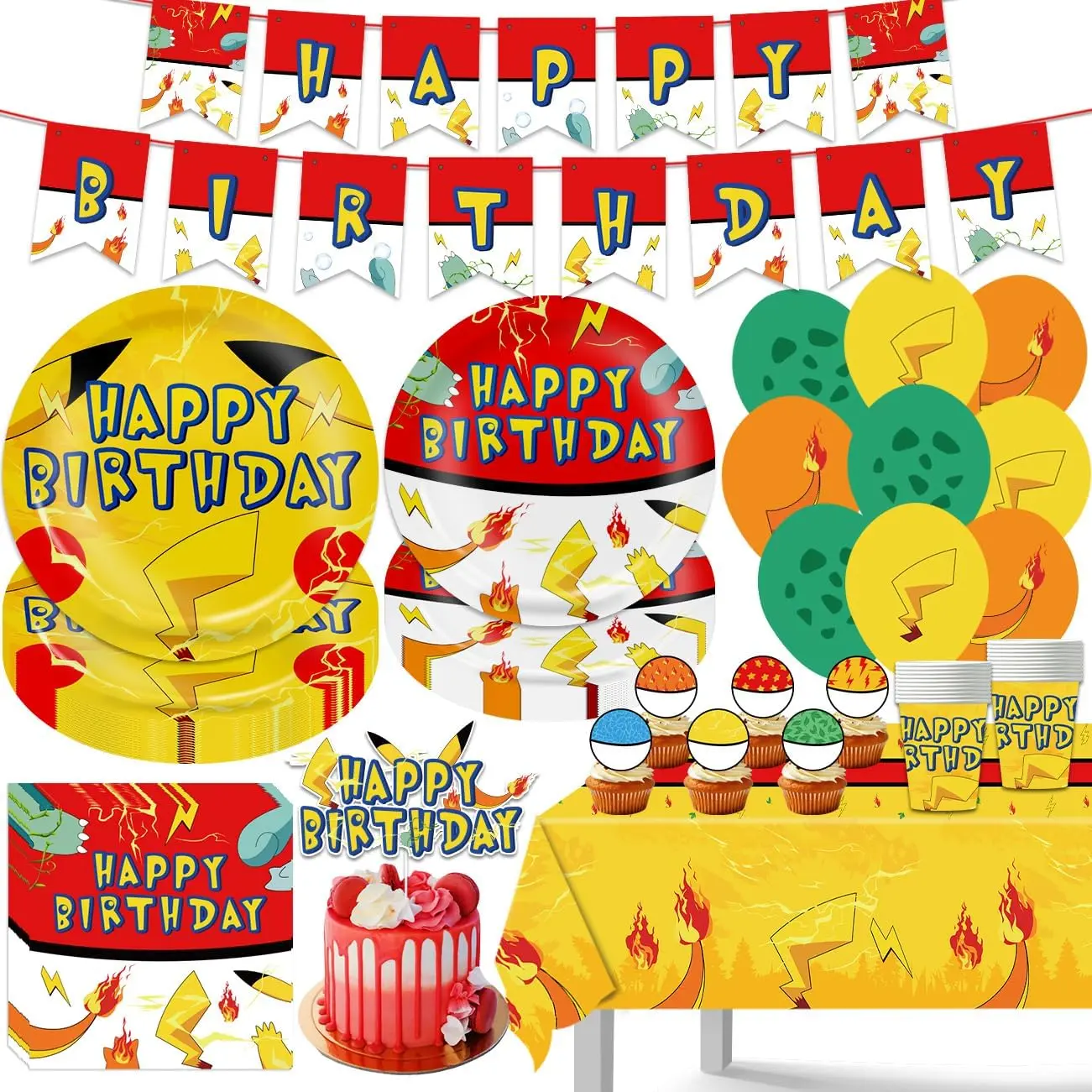 104Pcs Yellow Lightning Themed Party Decorations & Tableware Set (Serves 20 Guests) - Bold Colors, Food-Safe PE, Lightning Flames, Pre-Cut Setup, Easy Cleanup for Themed Events, Banner, Plates, Napkins, Cups, Tablecloths, Balloons, Cake & Cupcake Toppers