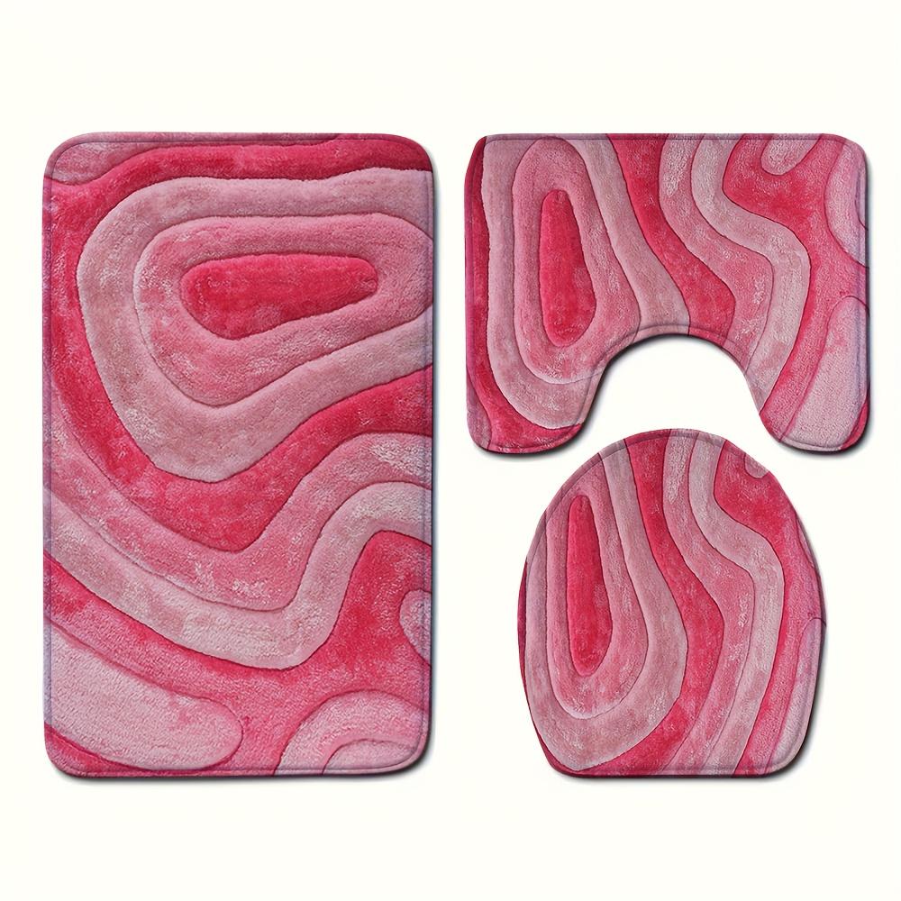 2D Flat, 3pcs Bathroom Mat Set in Soft-Toned Abstract Pink Ripple Print, Includes Toilet Lid Cover and U-Shaped Toilet Mat, Made of Flannel with Soft Surface, Thanksgiving Decoration, 2D Flat