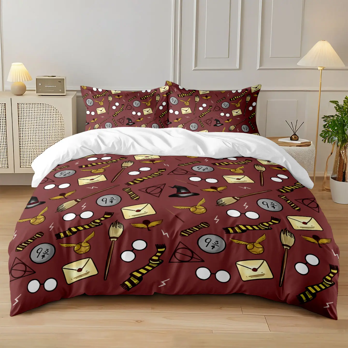 3-piece bedding set magic glasses, magic wand,"STUPEFY!" Spell element quilt cover,(1 set +2 pillowcases, coreless), soft and comfortable bedding set, suitable for all rooms, available all year round, room decoration, Cozy Bedding Set