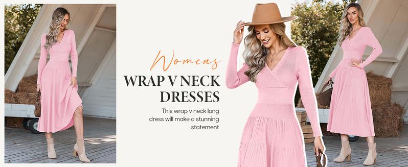 Saodimallsu Womens Long Sleeve Midi Sweater Dress Wrap V Neck Pleated A Line Fit Flare Elegant Knit Maxi Dress Casual Bride