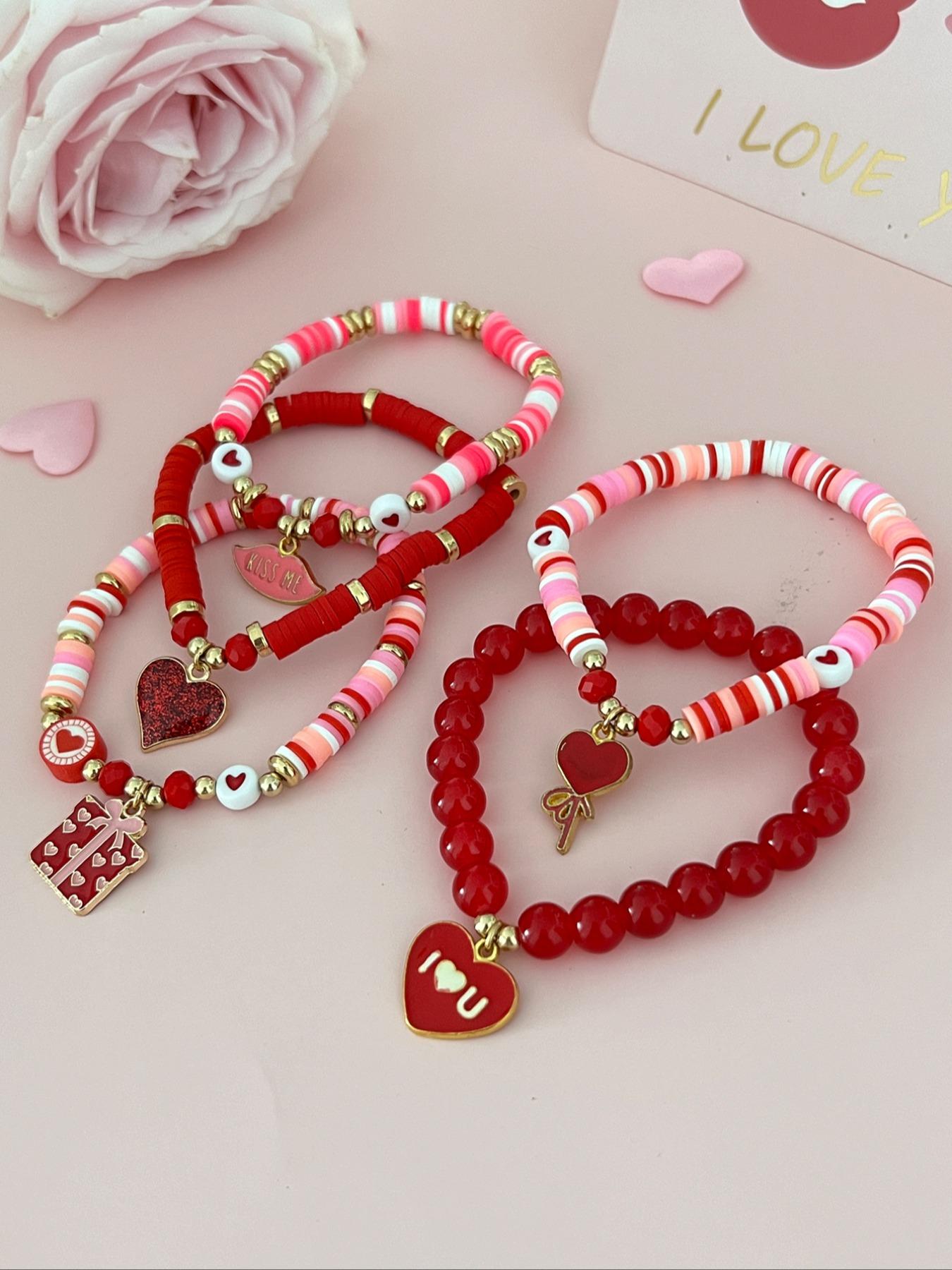 Women's Beaded Charm Bracelet Set, Soft Pottery Chain Material, Heart Pattern Design, Ideal Gift for Women & Girls, All-Season Jewelry