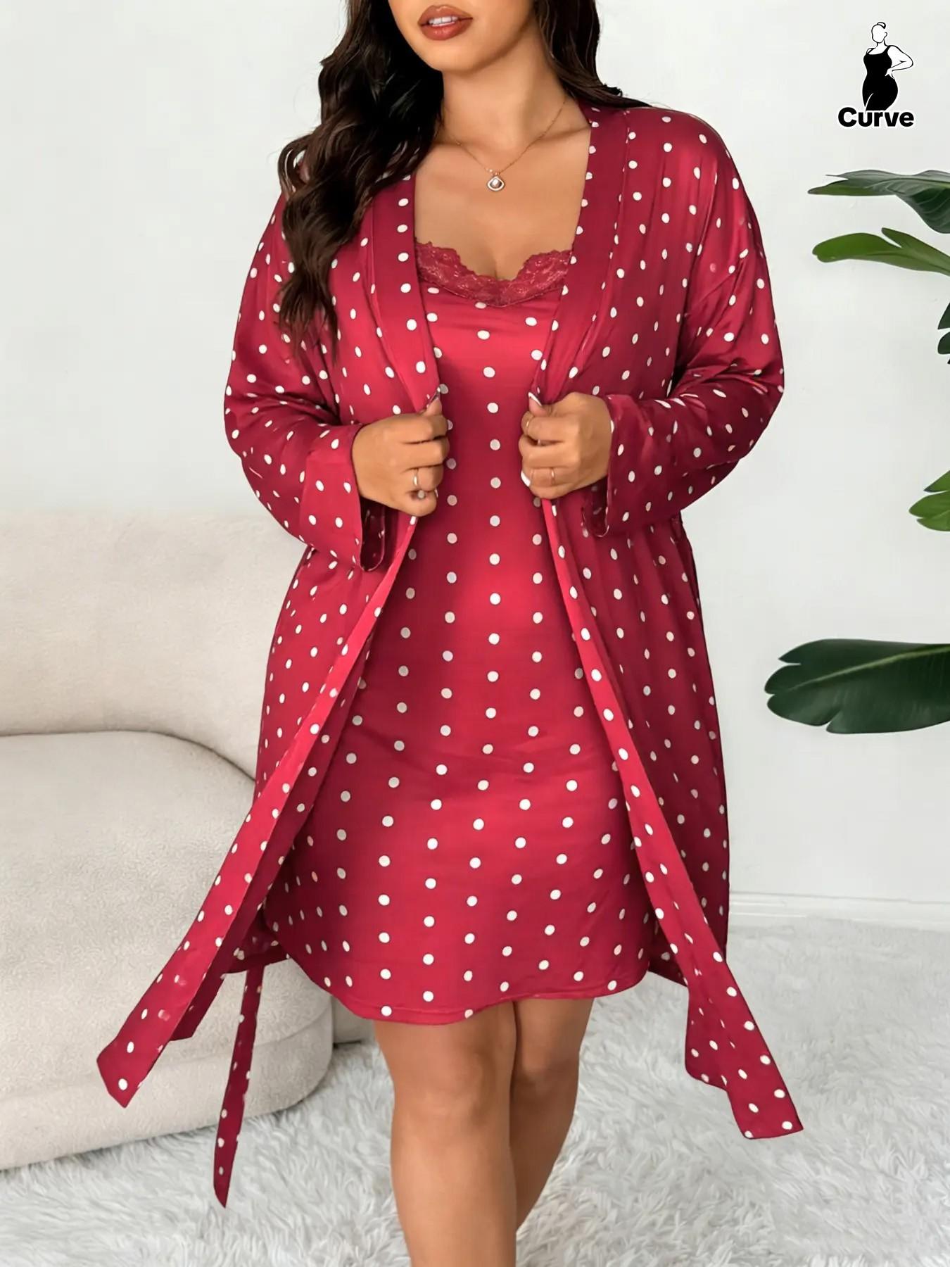 Plus Size Women's Nightwear Set, Floral Print Lace Nightdress + Long Robe, Comfortable Soft Home Sleepwear, Casual Fitted Style Plus Size Women's Nightwear Set, Floral Print Lace Nightdress + Long Robe, Comfortable Soft Home Sleepwear, Casual Fitted Style