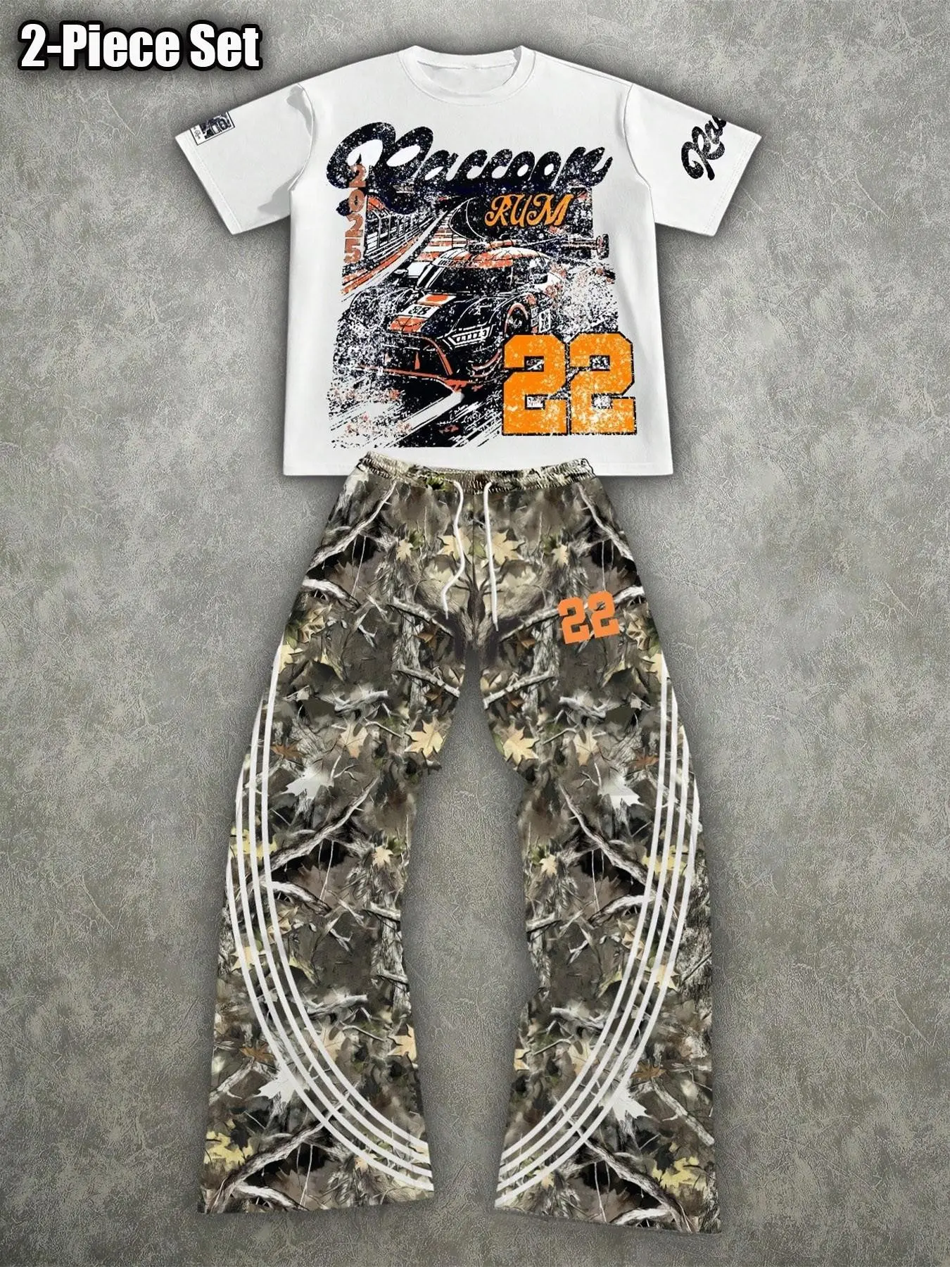 Men's Summer Two-Piece Set, American Retro Racing Theme Street Style, Short Sleeve T-Shirt + Camo Wide Leg Pants, Casual Fashion Loose Fit