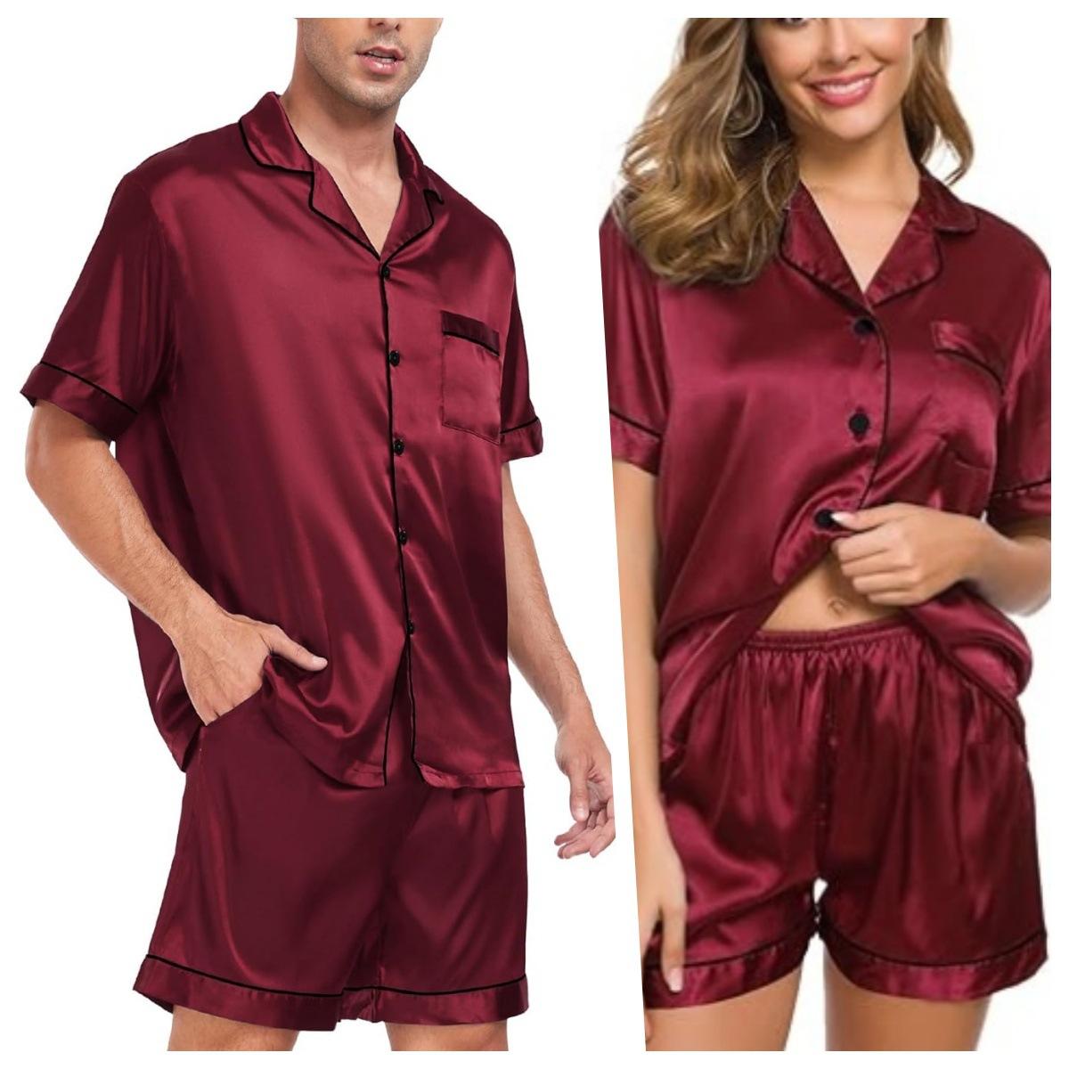 Women's & Men's Matching Satin Pajama Set, Short Sleeve Lounge Wear, Comfortable Couple Nightwear for Valentine's Day, Anniversary, Homewear
