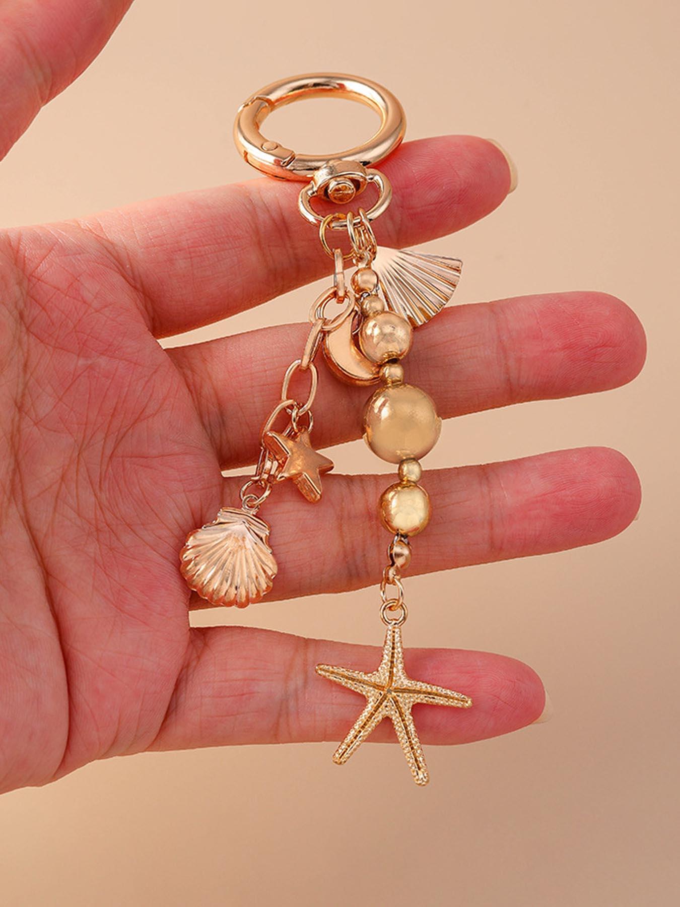 Boho Style Moon Star Sea Star Keychain, Fashion Key Ring with Pearl Shell Beads, Elegant Heart Key Holder, Baroque Bag Charm