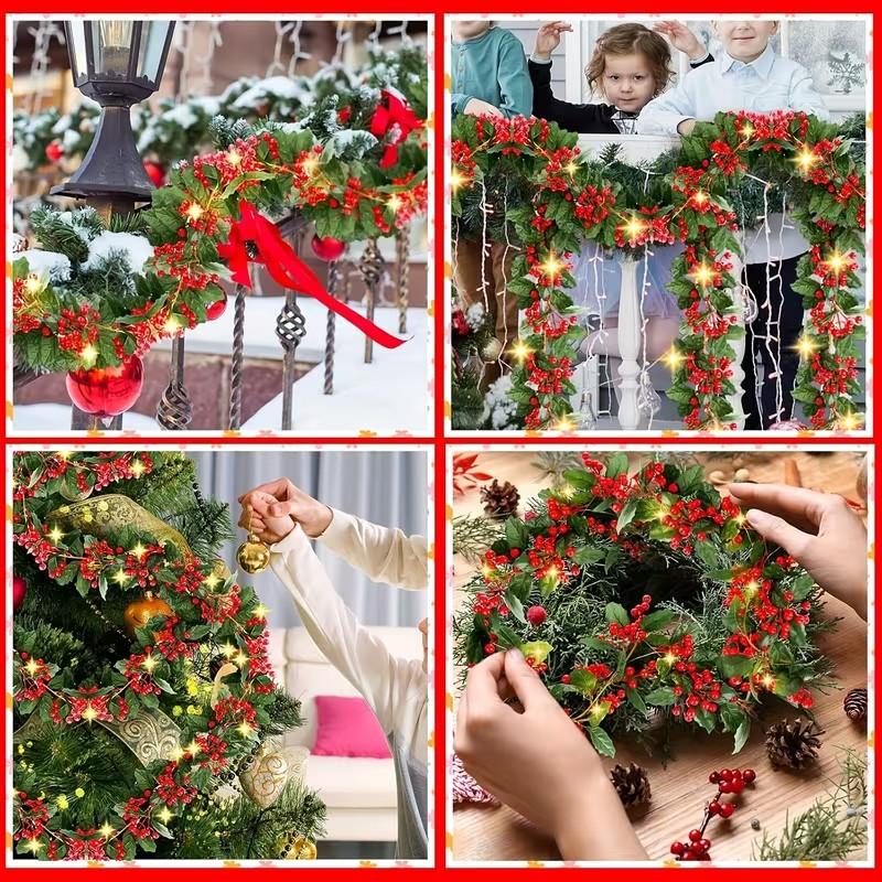 Artificial Christmas Wreath with Ivy & Holly Berries, Red Berry & Foliage Wreath for Fireplace, Staircase & Shelf, Indoor & Outdoor Decor for Christmas, New Year & Wedding, Battery-Free, Easy to Hang & Washable