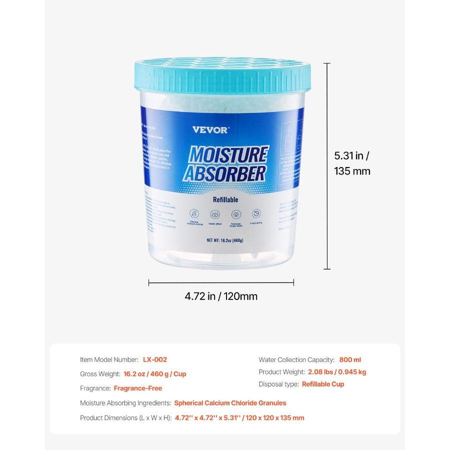 VEVOR Moisture Absorber Bucket, 2 Packs 16.2 oz Hi-Capacity Moisture Absorber Bucket with 800ml Storage Area Reusable Outer Bucket for Long-Term Use, Fragrance Free Moisture Absorber for Fresher Air