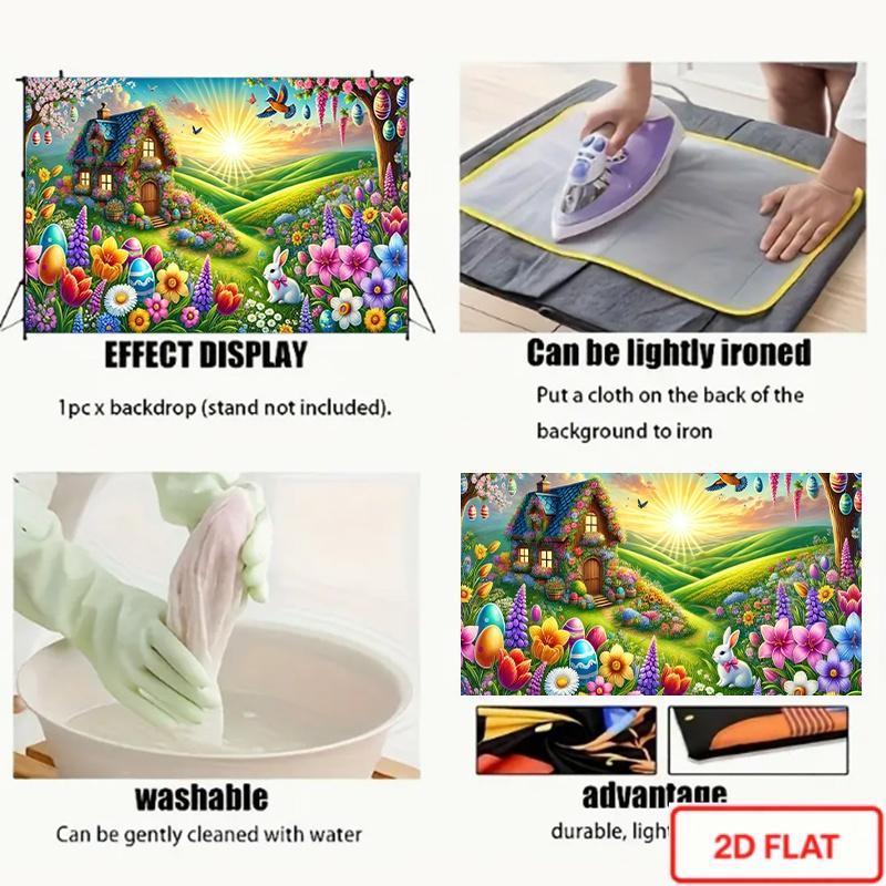 1pc Spring Cottage Easter Bunny & Tulip Cottage Backdrop - Large Horizontal Pastel Egg & Tulip Wall Hanging with Smiling House Design, Durable Polyester Fabric for Party Decorations, Easter Egg H