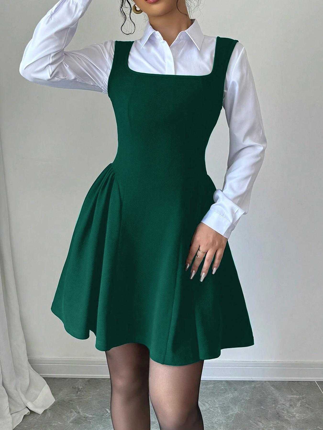 Women's Square Neck A-Line Dress, Slim-Fitting Ruffled Hem, Casual Wear for All Seasons, Perfect for Commuting and Daily Use