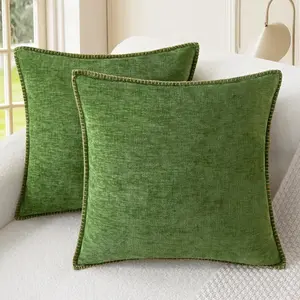 2PCS Throw Pillow Covers Decorative 18 X 18 Inches Cotton Thread Stitching Edges Solid Dyed Soft Chenille Cushion Cases for Couch Sofa Bed Living Room Farmhouse
