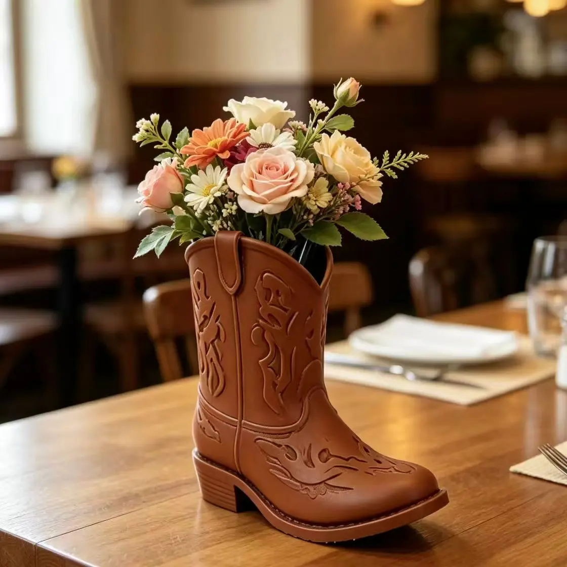 Handcrafted Western Cowboy Boot Pencil Holder & Desk - Rustic Cylindrical Boot-Shaped Storage Caddy Suitable for Home Office School, Retro Table Decor, Lightweight Gift for Christmas, Birthday, Western-Themed Spaces