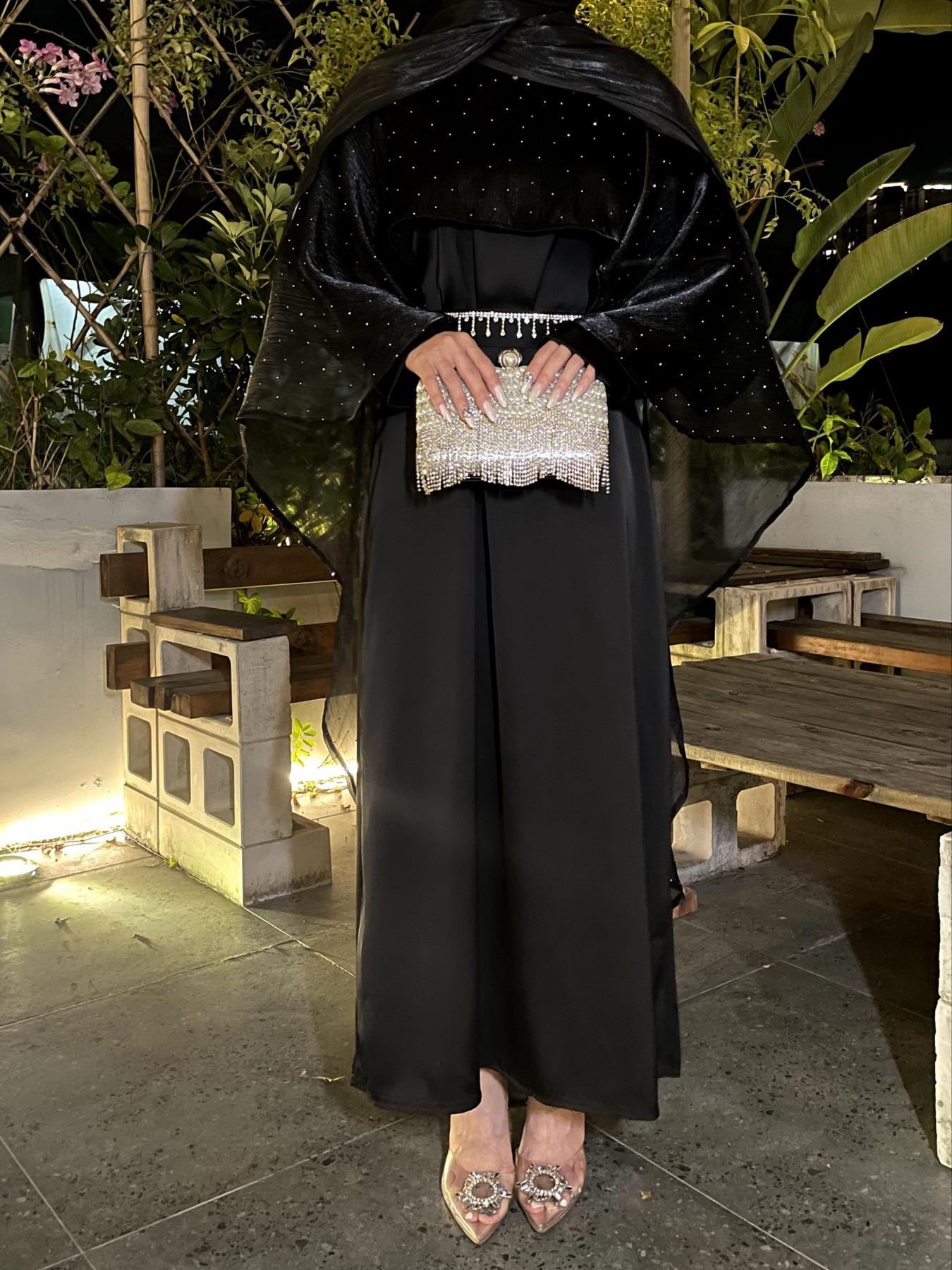 Luxury Elegant One-Piece Starry Sky Rhinestone Shawl Dress, Pure Color Modes Abaya Long Robe with Diamond Belt, modest muslim outfits, Women's Fashion Clothing