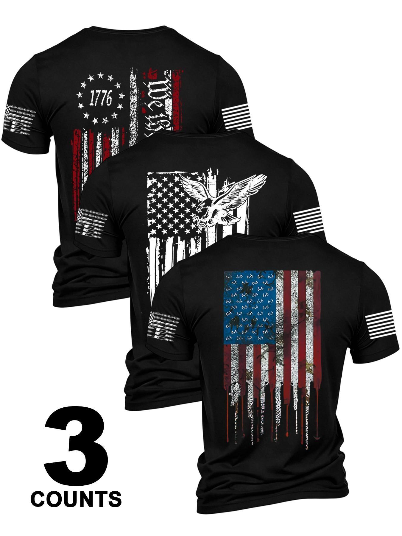 3-Pack American Patriotic Men's Short Sleeve T-Shirts, Casual Sports T Shirt, Comfortable and Durable Daily Wear, Perfect Gift for Him, Sporty Style Tops