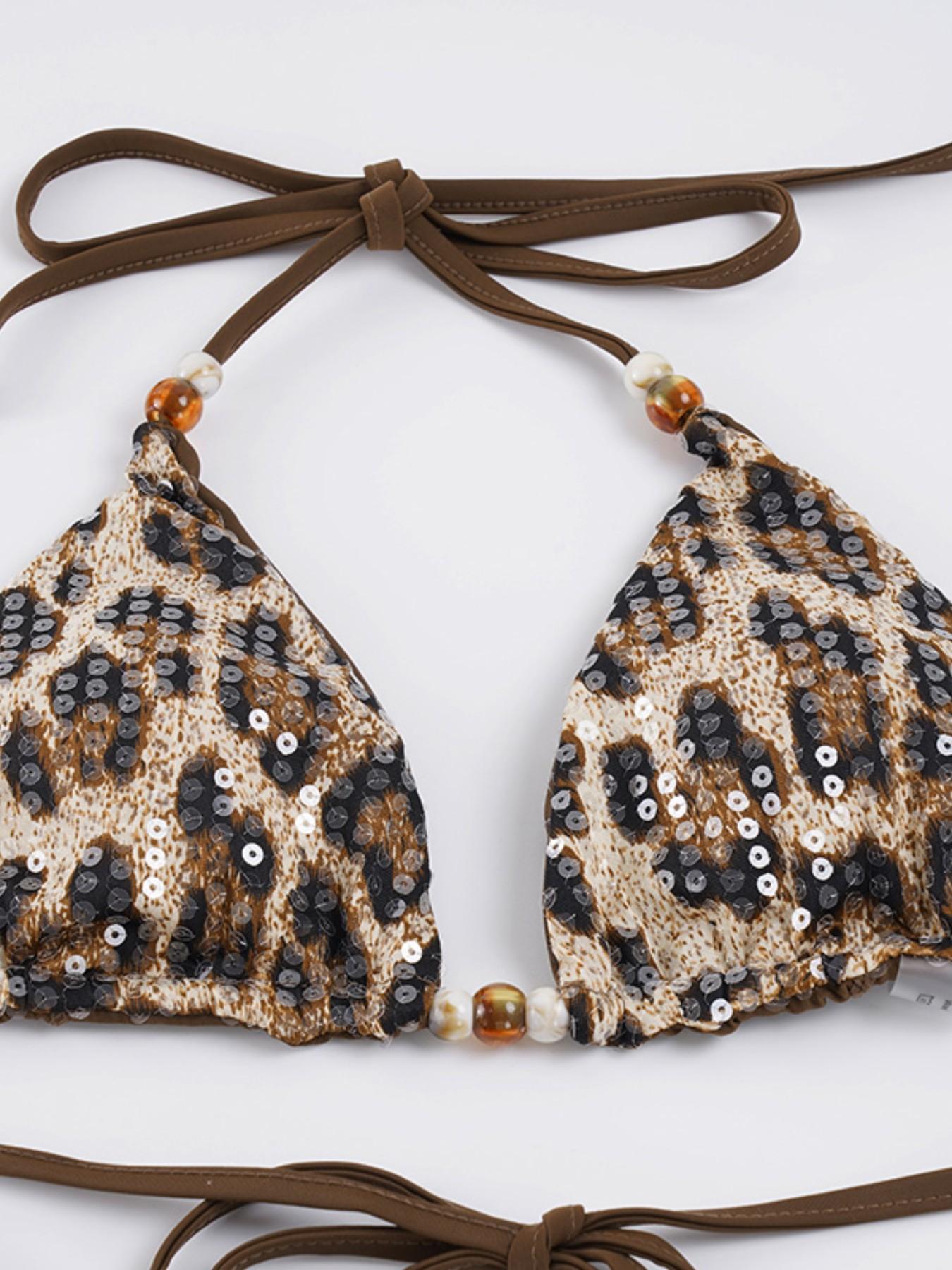 Women's Holiday Sexy Leopard Print Sequin Two-Piece Bikini Set, Backless Slim-Fitting with Micro Triangle Bra and Thong Bottom, Leopard Print Bikinis