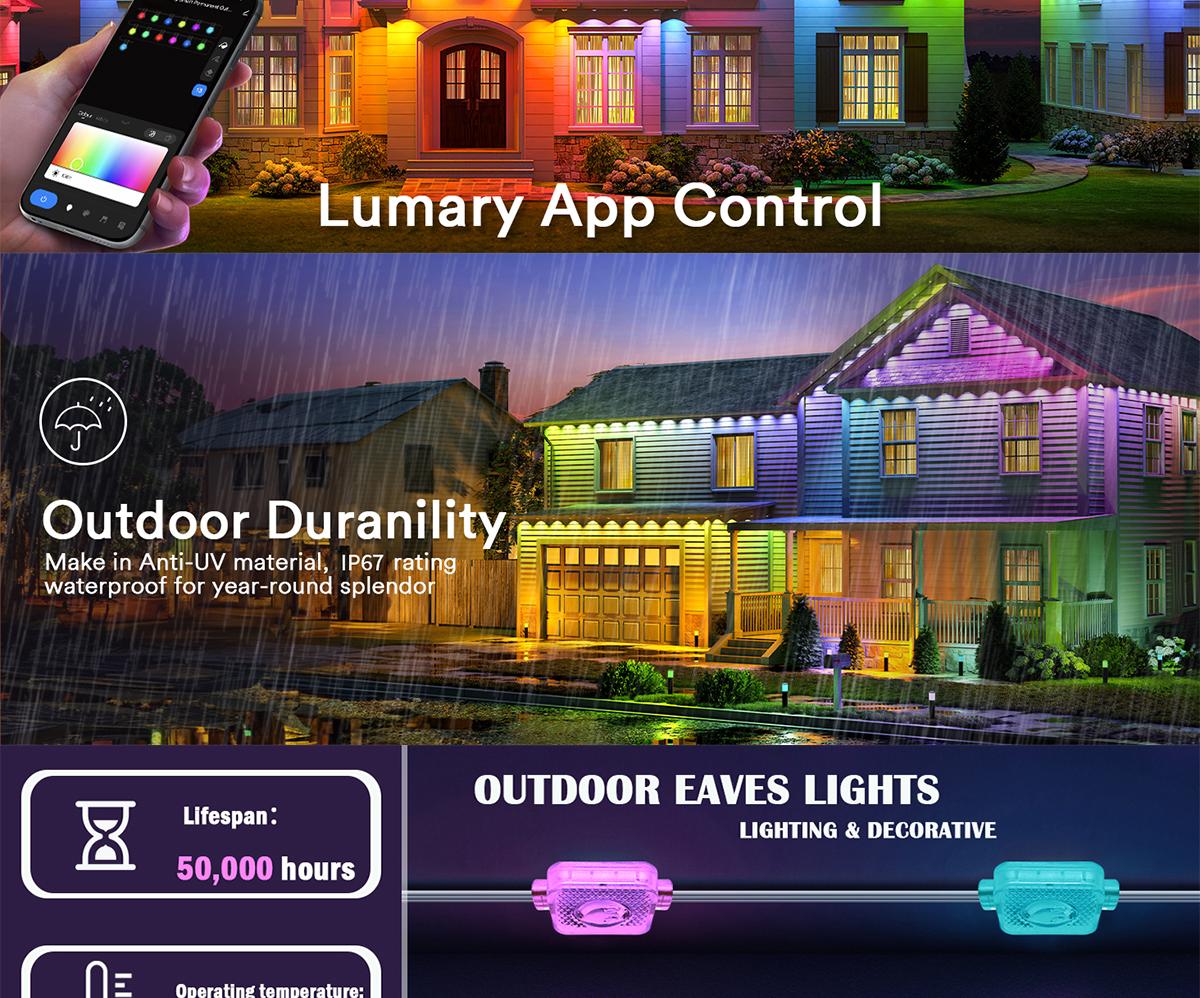 HYPERLITE RGB IC Eaves Lights with 30/60 LEDs, Permanent Outdoor Lighting, Music Sync Party Lights, IP67 Waterproof, Bluetooth APP & Remote Control, 50/100 Feet - Perfect for Decorative，SpringGlowUp