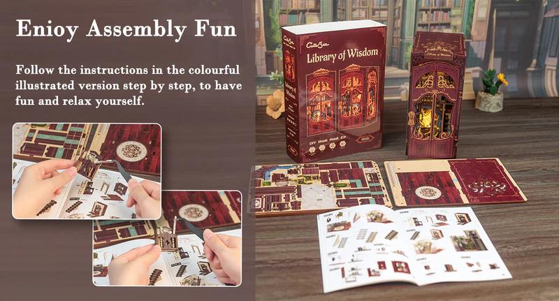 CUTEBEE Library of Wisdom DIY Miniature Book Nook with LED Lights Handmade Creative Toy Christmas & Black Friday Gift for Teens & Adults Home Shelf Decoration Dust Cover Model Boat Kit Miniature Set Building Blocks Set