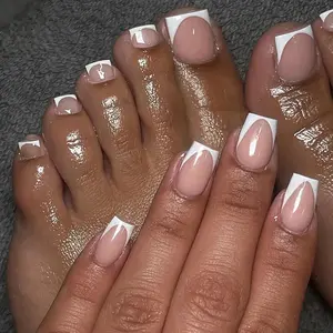 48PCS Medium pink candy color square ballectcore press on nails and toe nails with white edge for girl gift