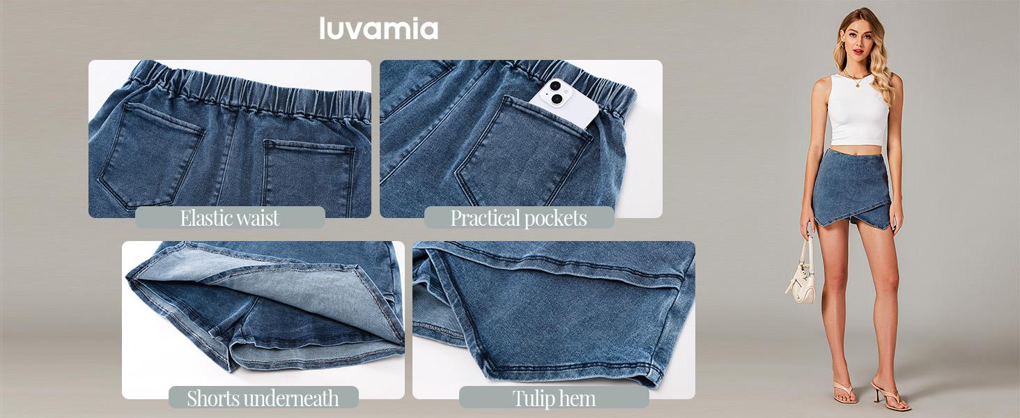 luvamia Jean Skorts for Woman High Waisted Pull On Casual Oversize Stretchy Denim Wrap Skirt with Shorts Trendy Asymmetrical Skort country concert outfits Basic Womenswear