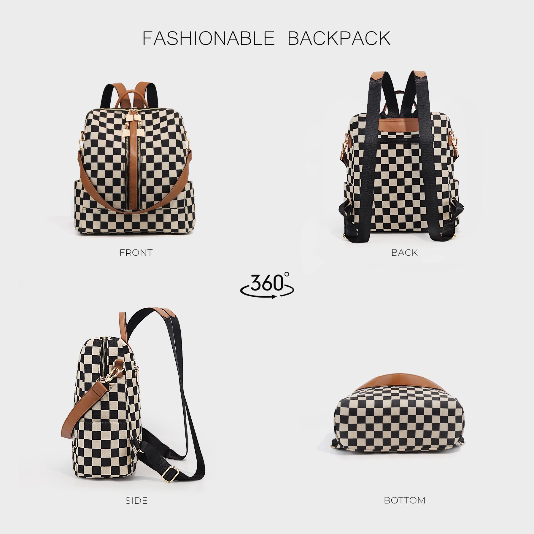 Checkerboard Pattern Backpack Set, Women'S Vintage Trendy Casual Large Capacity Zipper Travel Backpack & Wristlet, Multifunctional Bag Set For Daily Use