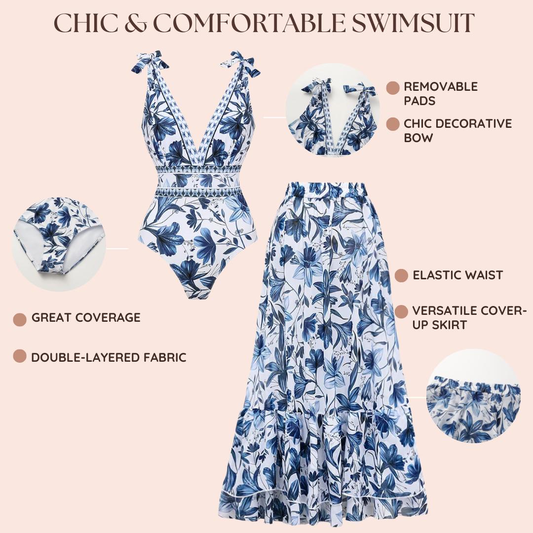 FLAXMAKER Women's V Neck Blue Print Tummy Control One Piece Swimsuit and Skirt Set Swimwear Swimdress Tankini Bathing Suit Stylish Beachwear #TikTokShopBlackFriday