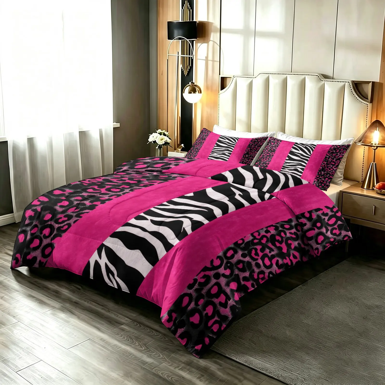 Hot Pink Leopard Zebra Stripe Comforter Set, 1 Quilt & 2 Pillowcase, No Pillow Insert, Wild Animal Print Bedding Set, Soft Bedroom Decor for Teen Girls Y2K Aesthetic Room Duvet Set
