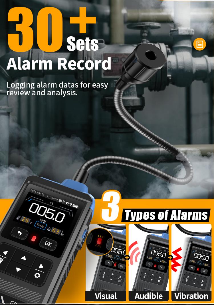 FNIRSI GD-02 Portable Gas Leak Detector 50000PPM Color Screen Display Methane LPG Detection with 36cm Probe 3 Alarms for Home Security System