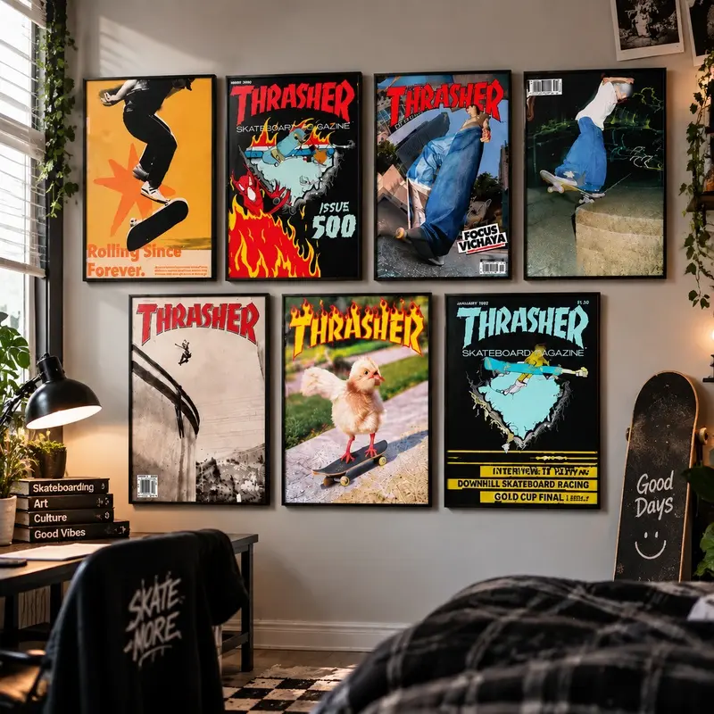 Vintage Skateboard Canvas Wall Art, Retro Skateboarding Poster Print, Urban Street Style Artwork, Y2K Aesthetic Wall Decor for Bedroom, Dorm, Game Room, Studio & Apartment, Cool Room Decor, Skateboard Lover Gift