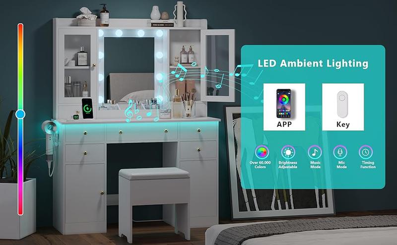 vanity with storage drawer, charging station, cabinet and chair, vanity with RGB ambient light, suitable for women's bedrooms and bathrooms