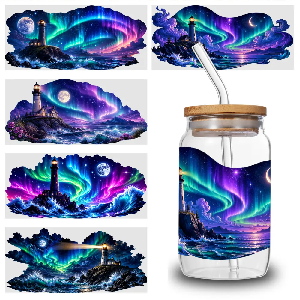 5 Sheets Aurora Lighthouse UV DTF Transfer Stickers - Waterproof Self-Adhesive Paper for 16oz Glass Mugs, Water Bottles, Practical Cup Wraps, Scratch-Resistant Crystal Labels, High-Quality Home Decor
