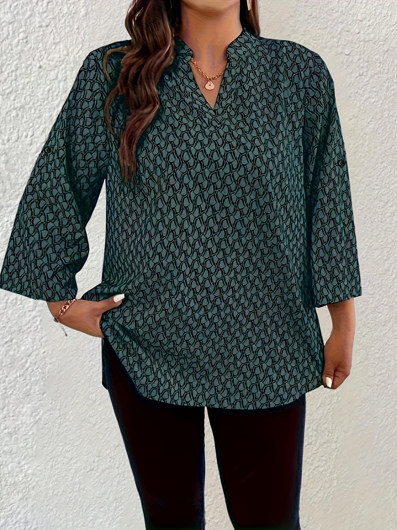【Plus Size】 All Over Print Rolled Sleeve Blouse, Fashion and Trends Casual Notched Top for Spring & Fall, Women's Clothes for Daily Wear