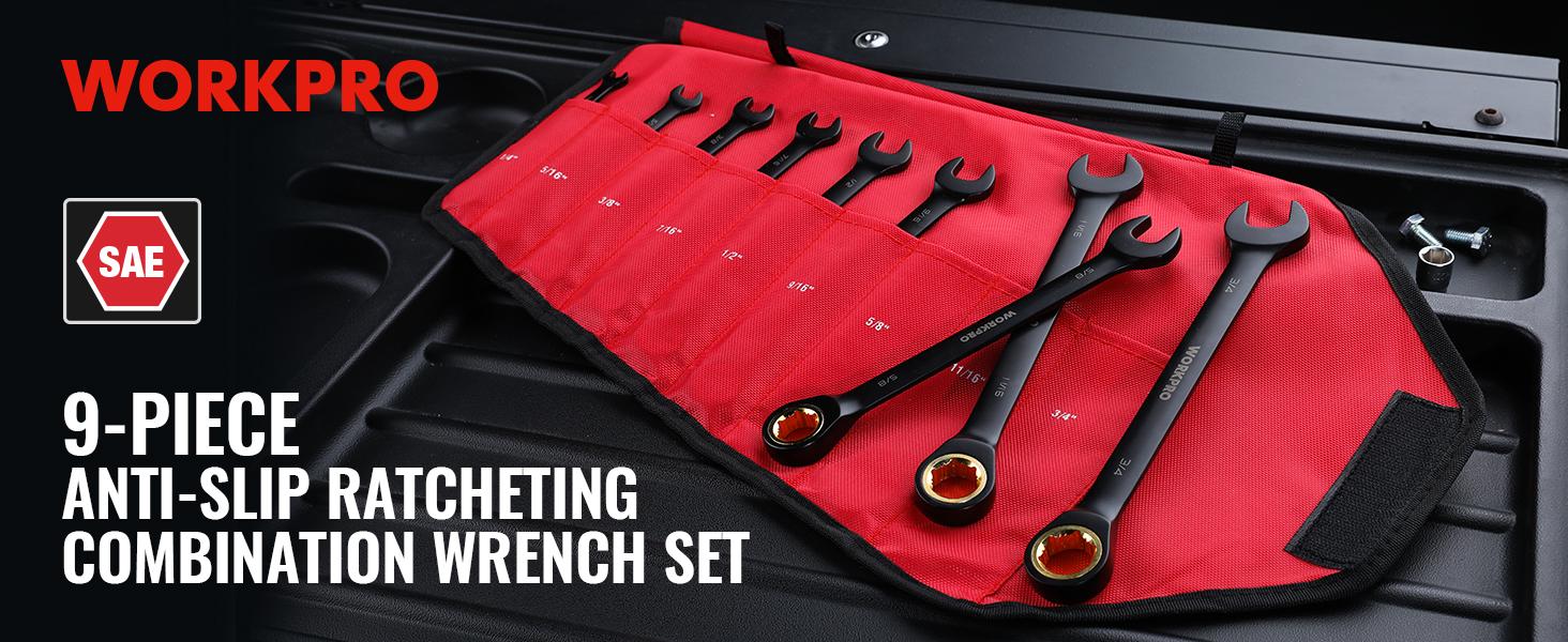 #JumpstartSale WORKPRO 9-Count Anti-Slip Ratcheting Combination Wrench Set, SAE 1/4"-3/4", 72-Tooth, Cr-V Constructed, Black Ratchet Wrenches Set with Roll Up Pouch #JumpstartSale WORKPRO 9-Count Anti-Slip Ratcheting Combination Wrench Set, SAE 1/4"-3/4", 72-Tooth, Cr-V Constructed, Black Ratchet Wrenches Set with Roll Up Pouch