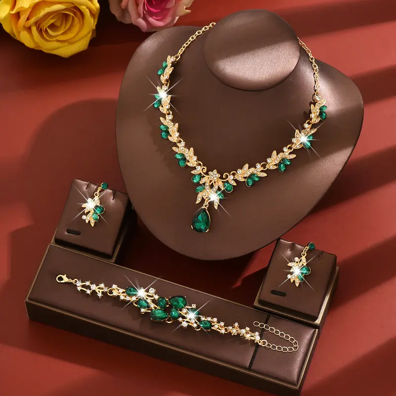 Eco-Friendly Fashion Jewelry Set - Shimmering, Stylish Flowers Crystal Water Drop Bridal Necklace, Earrings & Bracelet, Flowers Jewelry Sets, Shimmering Jewelry Sets