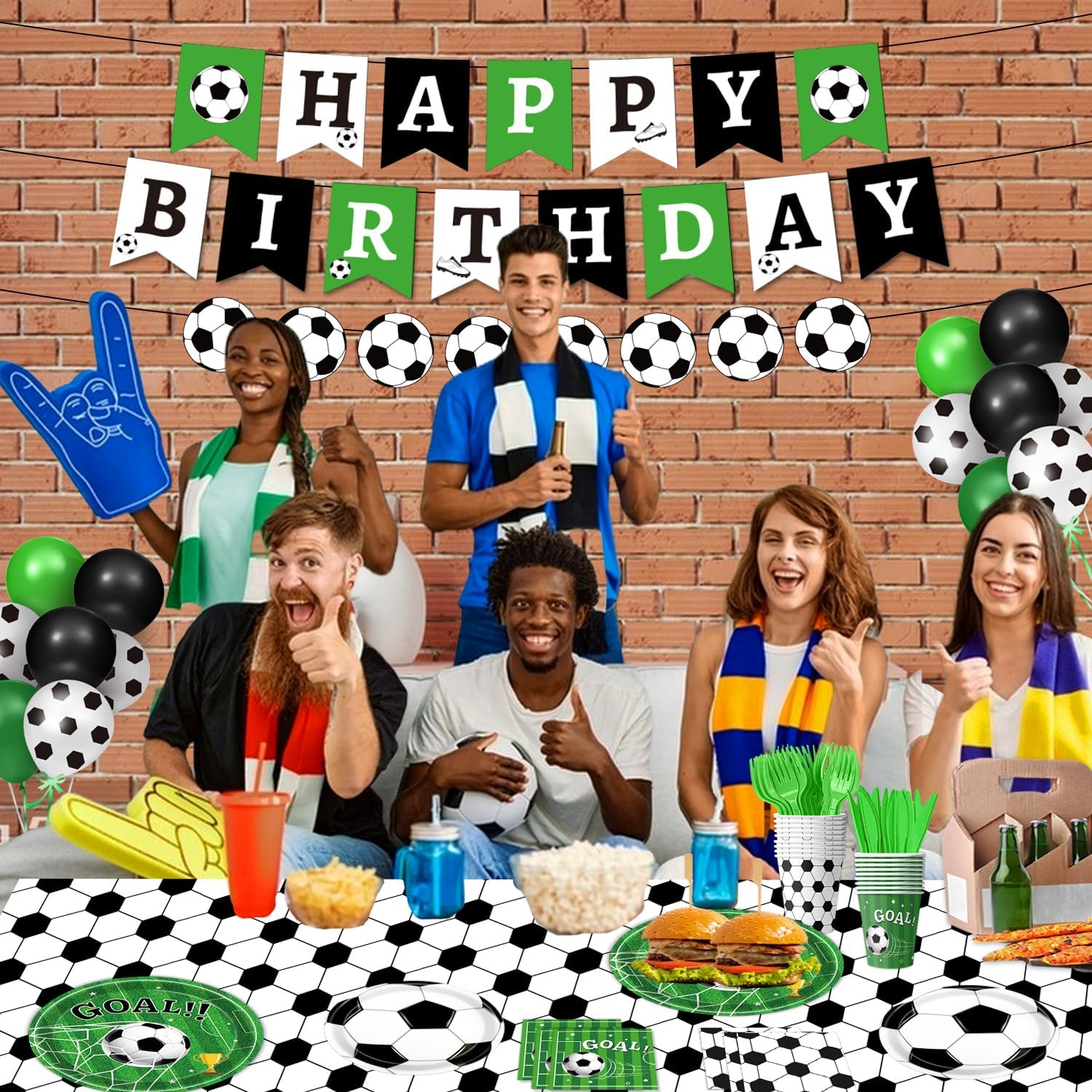 135/170-piece football themed decoration set: plates, napkins, cups, banners, balloons, tablecloths and tableware, suitable for 10-24 people, plus 10 football painting stickers