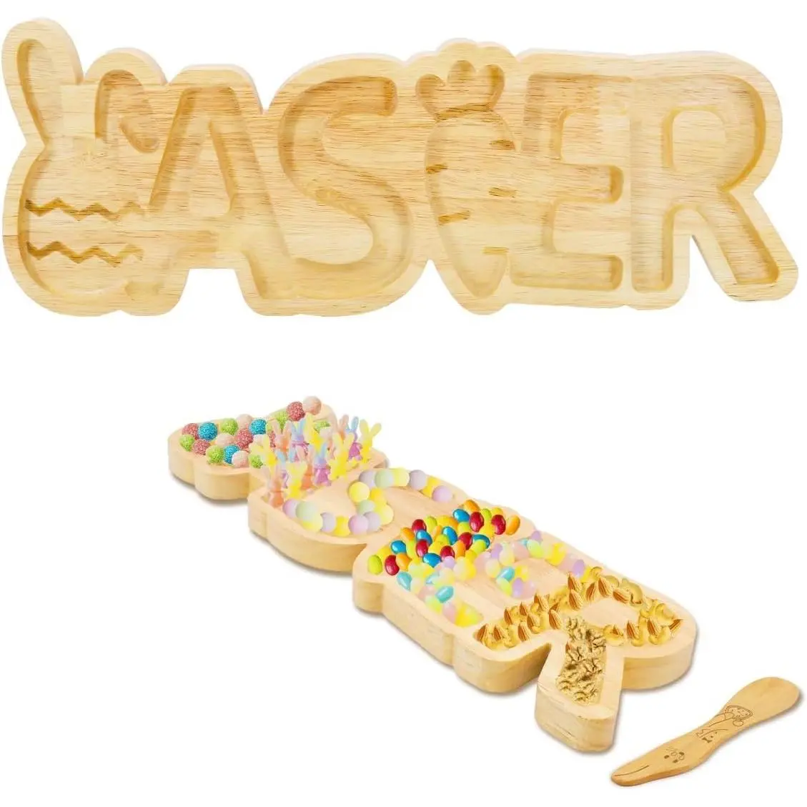 Easter Candy Dish Set, Letter Easter Plates with Egg and Carrot Elements, Wooden Bunny-shaped Spoon Serving Tray, Bunny Charcuterie Board for Party Dinner Dessert Candy Chocolate