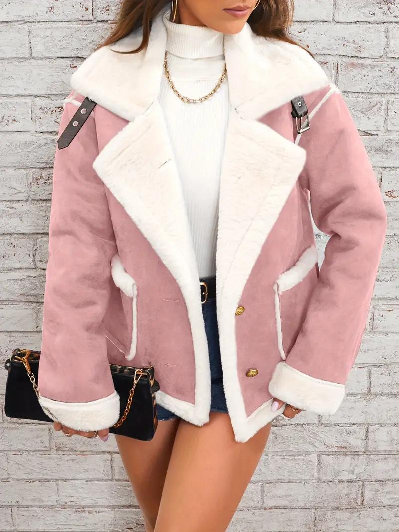 BIGWIG Lapel Plush Jacket Winter Warm Casual Outwear Women's Clothing Long Sleeve Suede Faux Sherpa Fur Lined Coats Basic Minimalist Pink Color