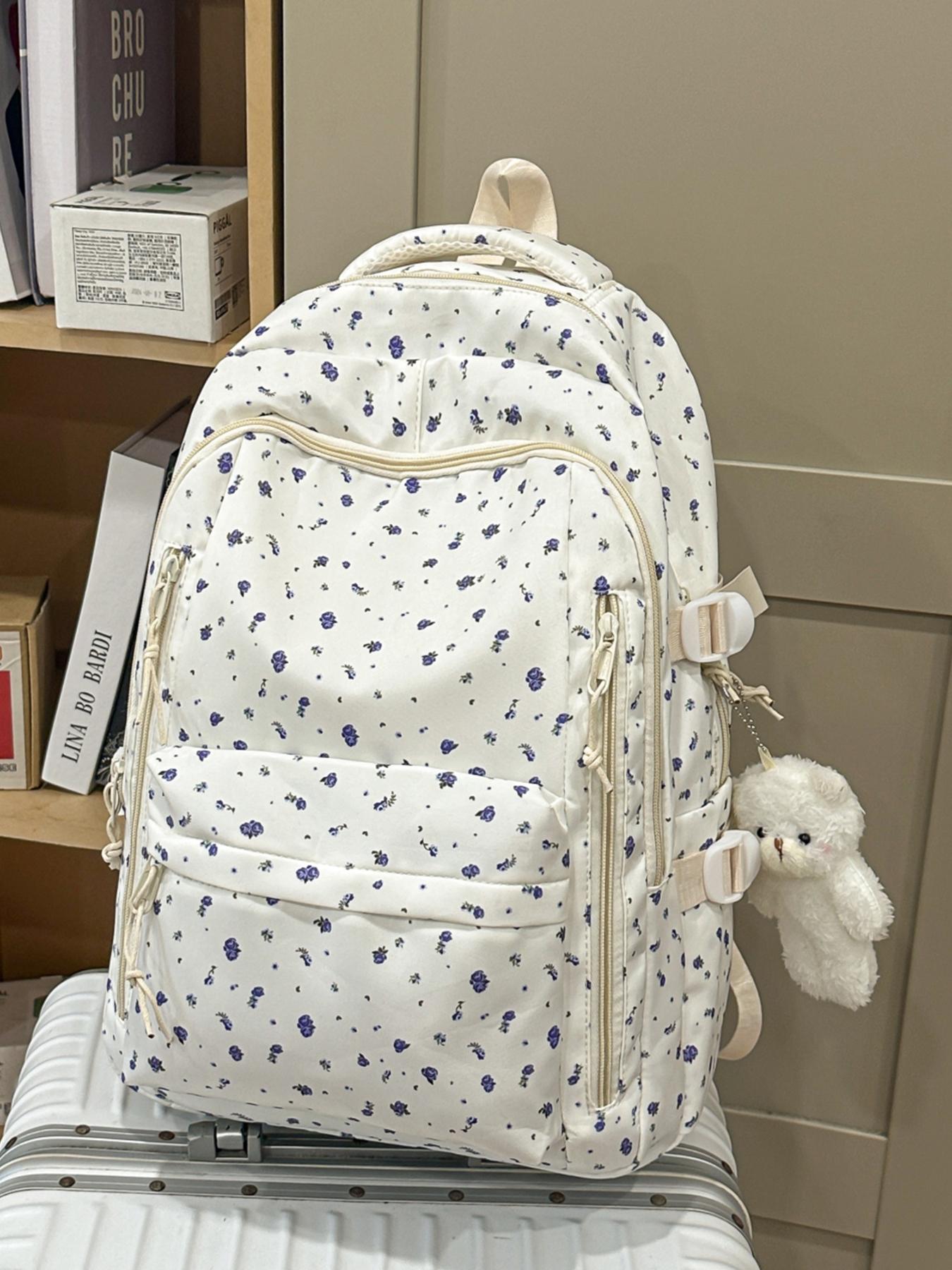 1pc  Women's casual printed backpack with large capacity, zipper closure, and free pendant. Fashionable, versatile, cute, and trendy. Suitable for students going to school, campus, commuting, and traveling. Women's backpack