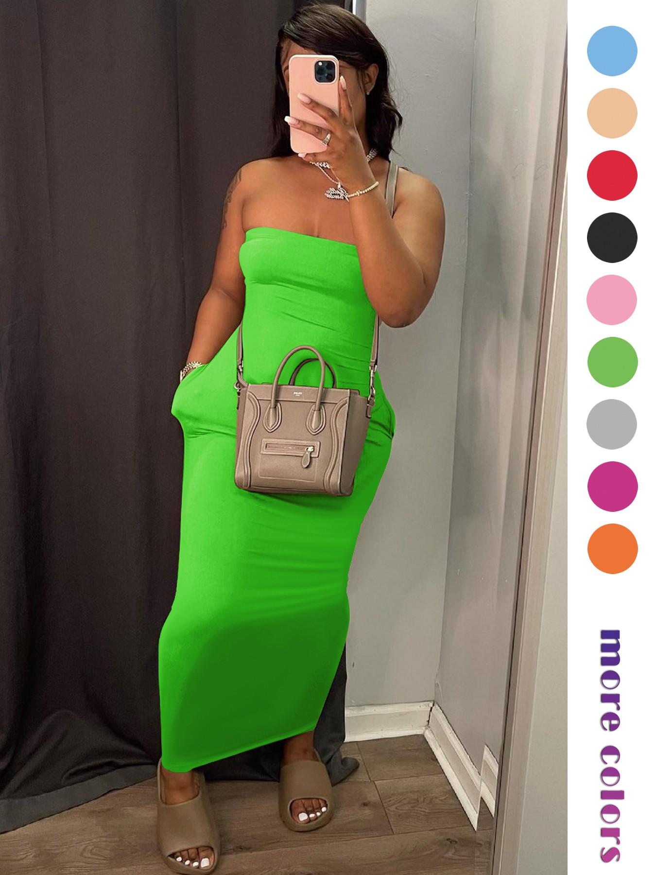 Women's 2026 Summer Tube Top Bodycon Maxi Dress, Sleeveless Ruched Backless Long Dress with Pockets, Stretchy Casual Going Out Vacation Party Dress for Women, Multiple Colors Available