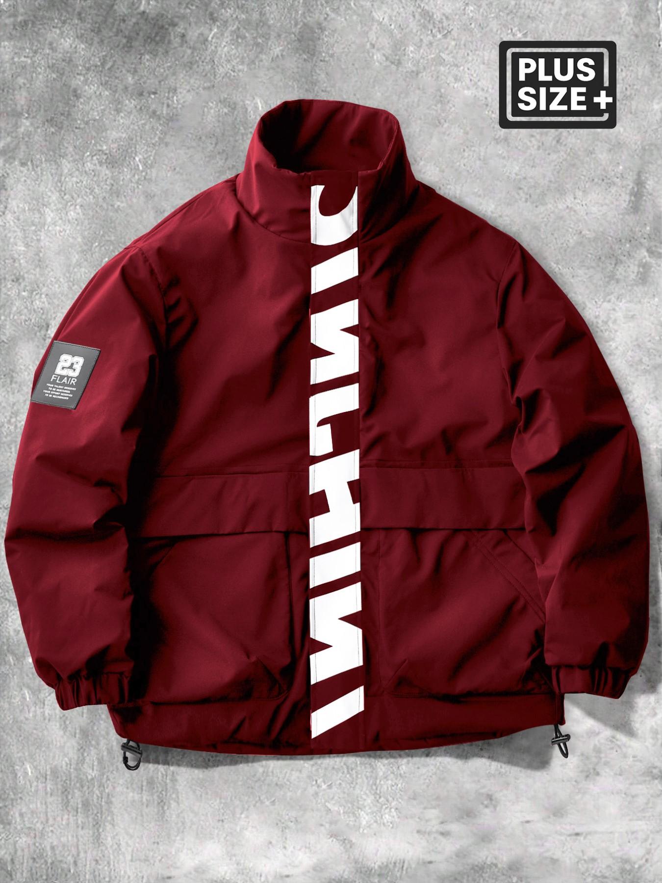 Men's Plus Size Windproof Zipper Jacket, Smooth Durable Fabric, Loose Fit Stand Collar Workwear, Letter Print Design, Retro Sport Style