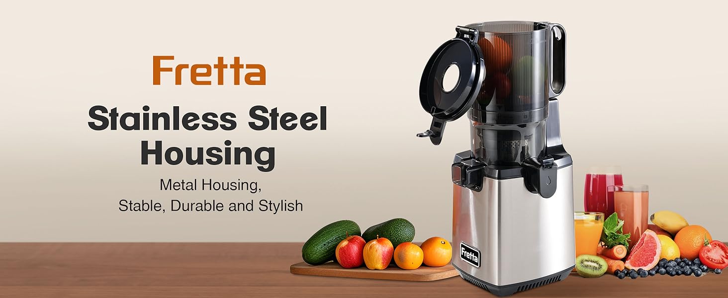 FRETTA cold pressed juicer with 5.3" Feed Chute, Slow Masticator Chute, For Whole Vegetables and Fruits, High Yield, Easy to Clean Springtok Steel