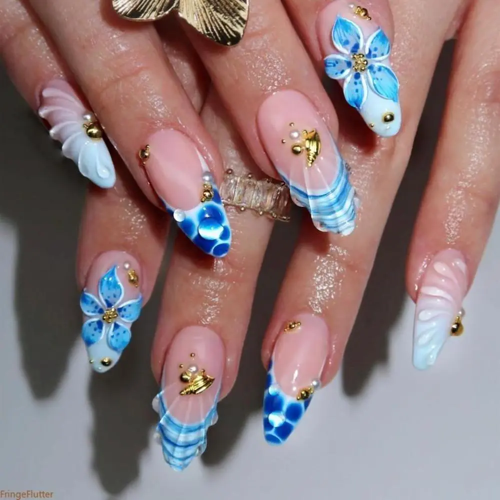 Ocean Style Removable French Press-On Fake Nails - Blue 3D Flowers, Seashells, Conch, Pearl Ornaments, Reusable Stickers for Nail Inspiration, Multiple Pairs