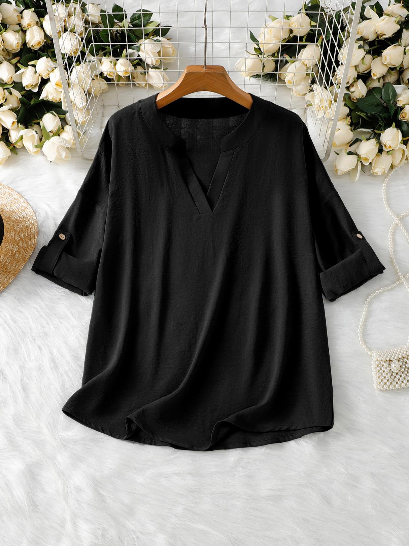 Women's Loose Notched Neck Long Sleeve Blouse, Fashion Vintage Simple Versatile Top, Women's Casual Drop Shoulder Clothing for Spring & Fall