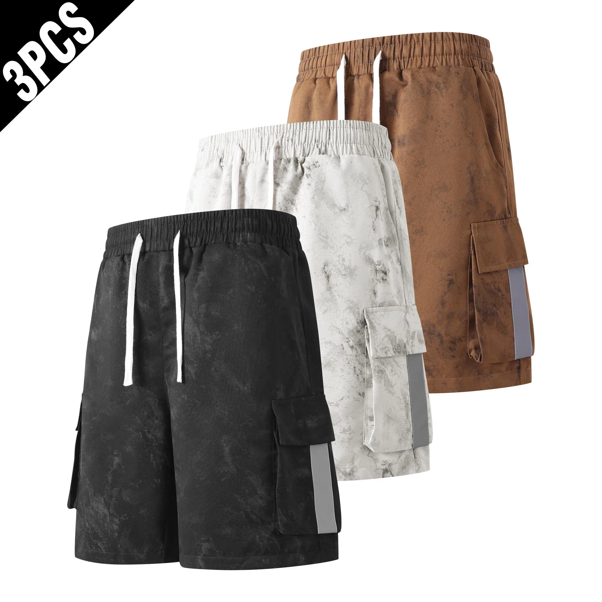Men’s Menswear 3-Pack Tie Dye Wash Printed Cargo Shorts - Drawstring Elastic Waist, Reflective Stripe Side Pockets, Casual Streetwear Utility Shorts summer men men's casual cargo short outdoor fitness active indoor workout casual short loose daily style