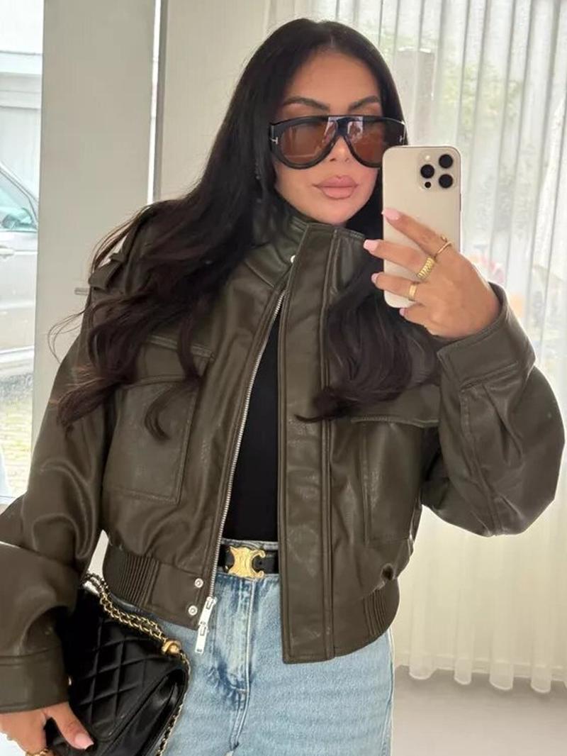 Women's Cropped Bomber Jacket Demi-Season Faux Leather Jacket Long Sleeve Green Black Jacket Women's Moto Biker Zipper Jacket Street Short Coat Aviator Jackets