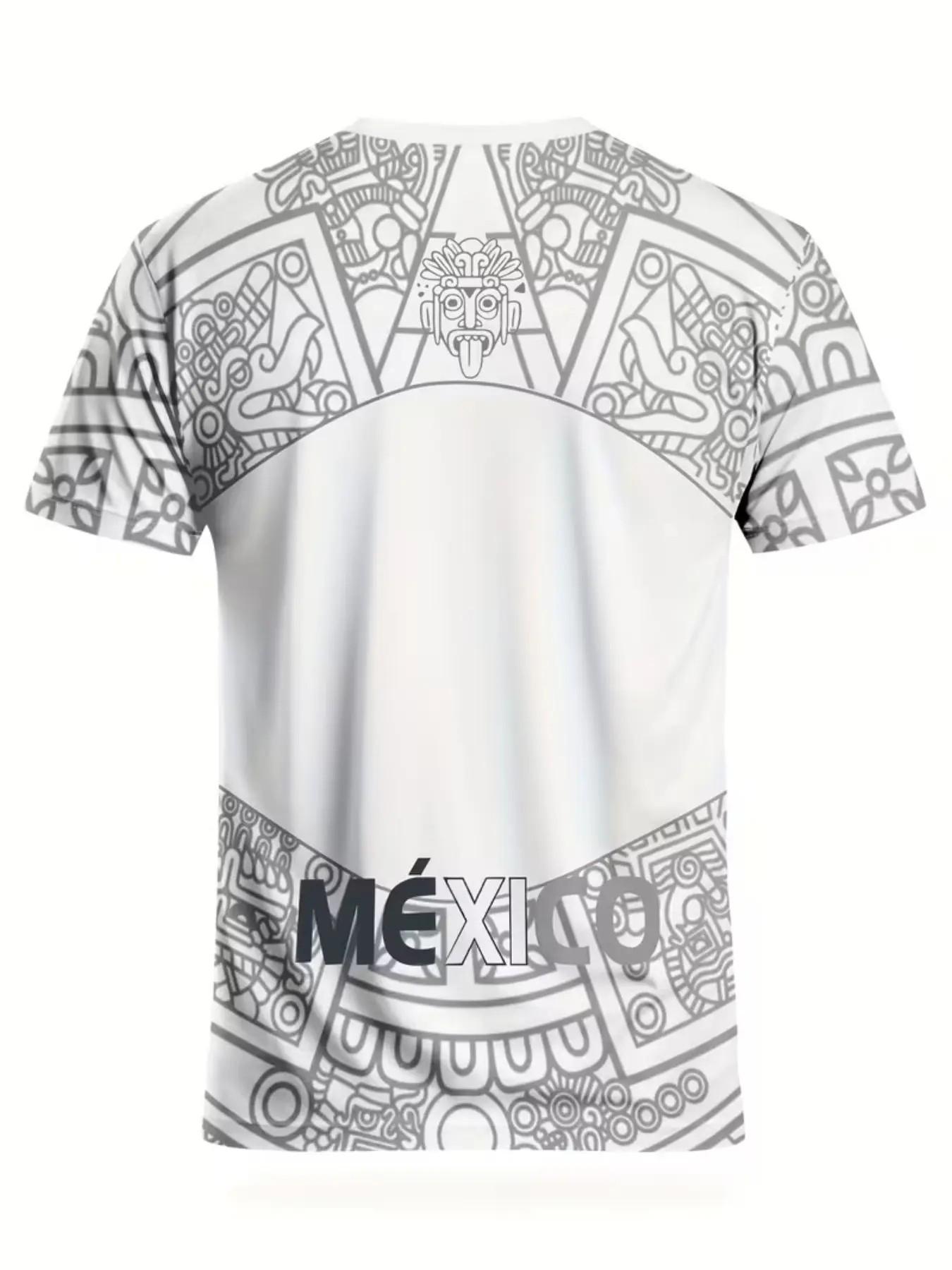 Men's Aztec Calendar Eagle Print T-Shirt, Mexican Indigenous Full-Print Street Style Round Neck Short Sleeve Top, All Seasons Loose Fit