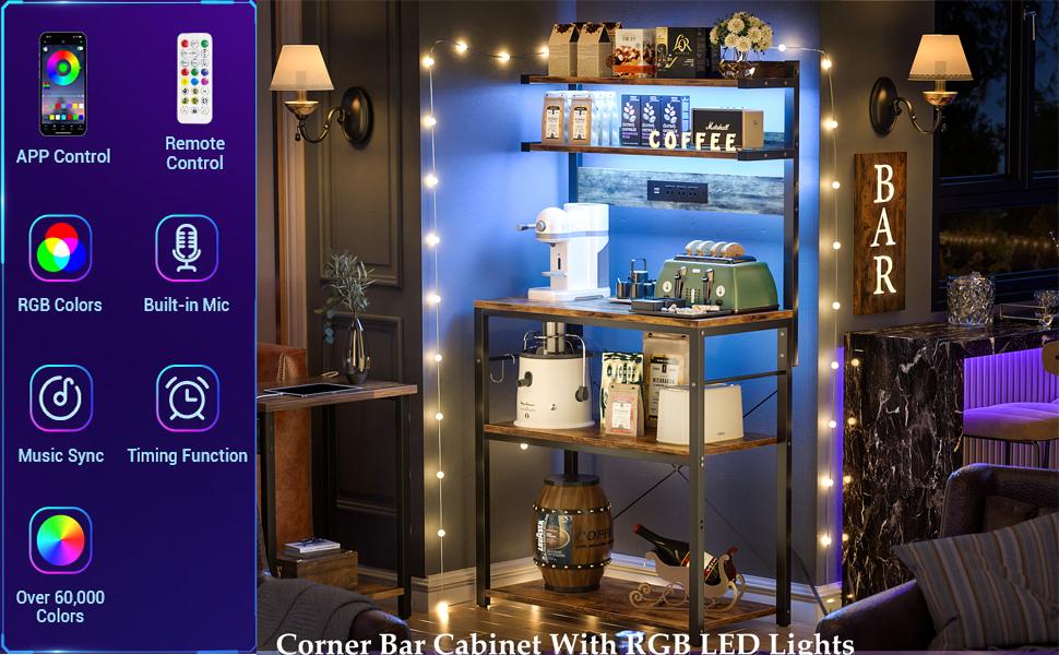 Bakers Rack with Power Outlet, 5 Tiers Microwave Stand, Coffee Bar Station with Led Lights, Kitchen Storage Shelf with 6 S-Shaped Hooks small kitchen men  room  accessories